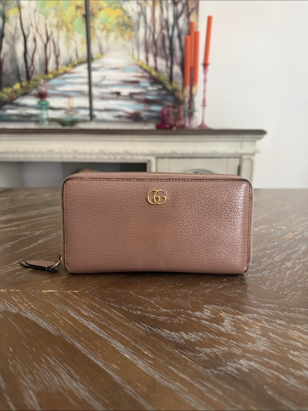 Gucci Taupe Pebbled Leather Zip Wallet with Gold GG